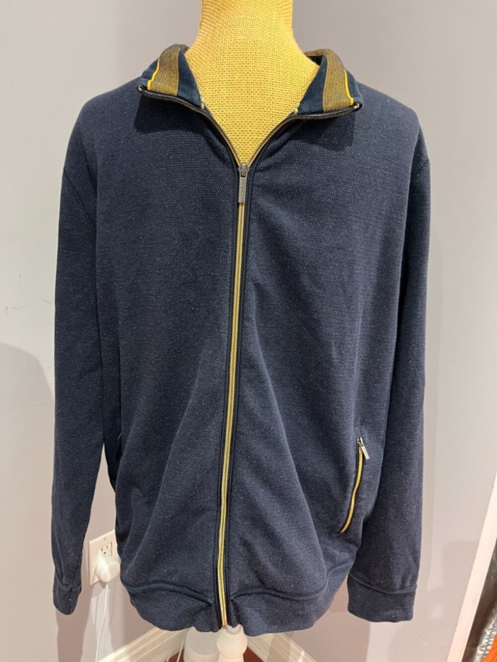 Bugatti We Are Europe Mens XL Full Zip Knit Track Jacket Navy Blue Gold Piping